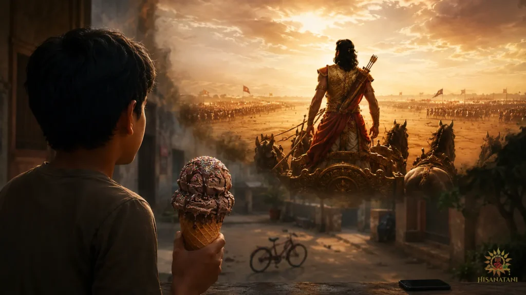 A young boy holding a large ice cream imagines Arjuna standing victorious on his chariot after the Kurukshetra war, symbolizing that even the greatest victory feels empty when there is no one left to share it with.Bhagavad Gita 1.33 Summary