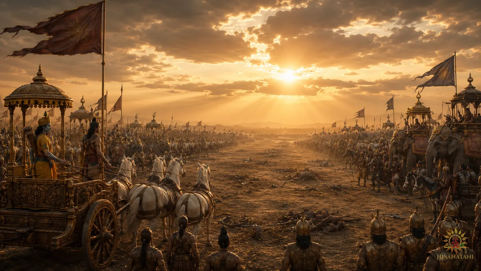 Ancient Kurukshetra armies facing relatives across battle lines, Bhagavad Gita 1.34-35 Summary, Bhagavad Gita on family duty, Bhagavad Gita emotional attachment.