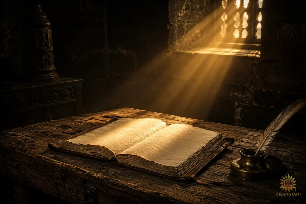A single beam of morning light falls on an open ancient journal in a quiet stone chamber, grounding Bhagavad Gita 1.34-35 Summary in daily practice.