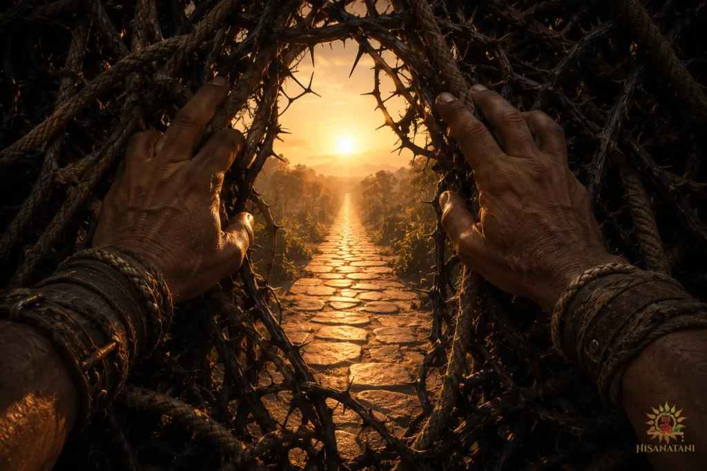 Weathered hands parting tangled dark ropes to reveal a sunlit stone path, illustrating practical lessons from Bhagavad Gita duty and Bhagavad Gita 1.34-35 Summary.