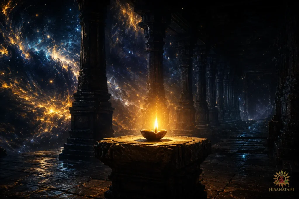 A single clay diya burning with a steady flame inside a vast dark temple, depicting the soul's journey in Bhagavad Gita 1.34-35 Summary.