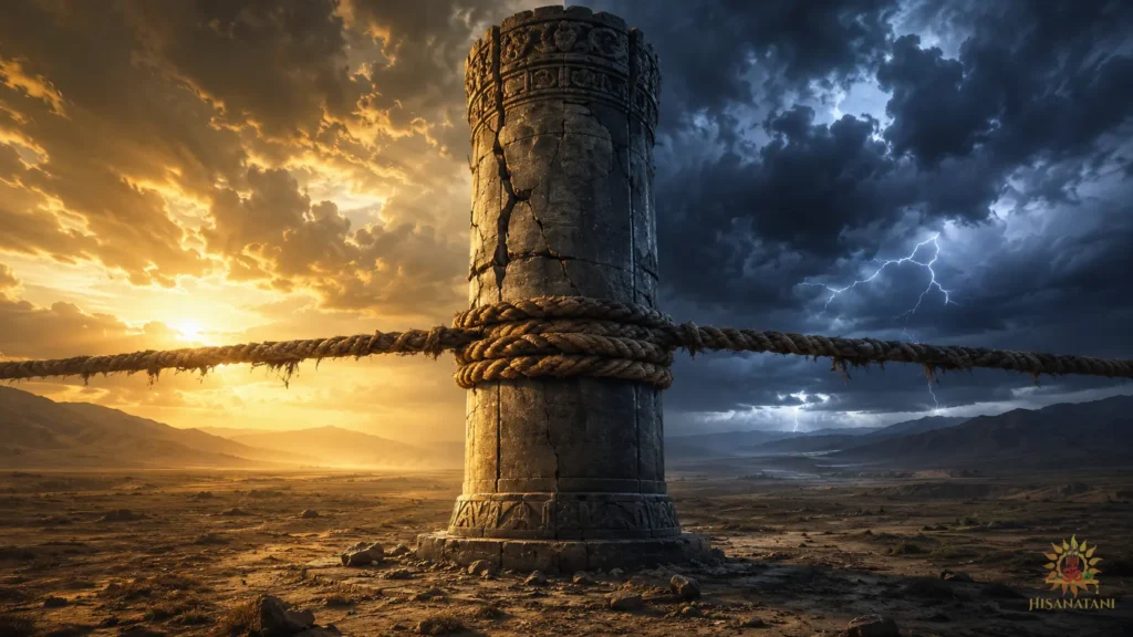 An ancient stone pillar stands under intense tension from opposing ropes, reflecting the core theme of Bhagavad Gita 1.34-35 Summary.