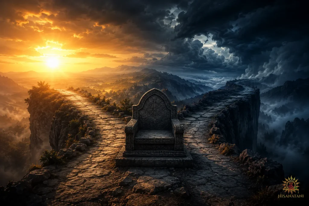 An empty stone seat rests at a crossroads splitting toward sunrise and storm, capturing the stillness in Bhagavad Gita 1.34-35 Summary.
