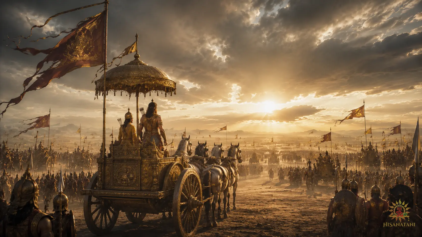 Arjuna pauses on Kurukshetra battlefield before war begins, Bhagavad Gita 1.36 Summary , Bhagavad Gita Chapter 1, dharma and moral dilemmas.