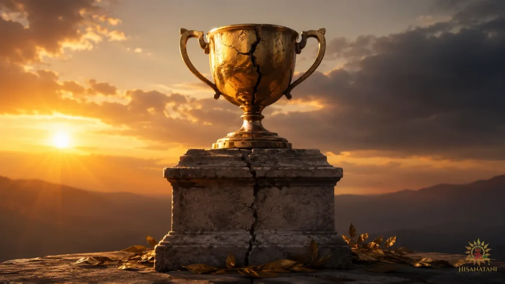 Cracked golden trophy on stone pedestal at sunrise, Bhagavad Gita 1.36 Summary , moral decision making, workplace ethics.