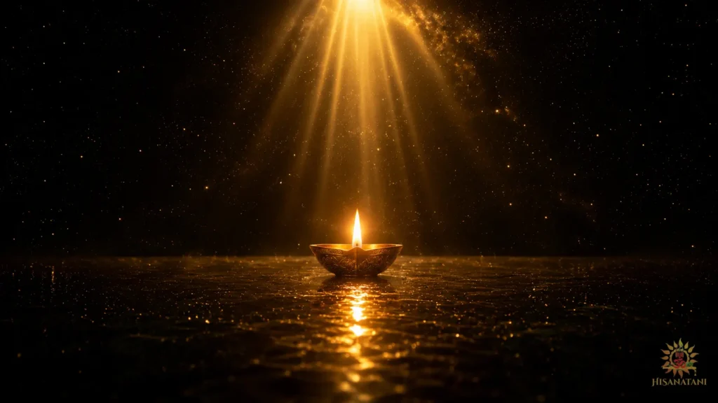 Sacred flame glowing in cosmic darkness with divine rays above, Bhagavad Gita 1.36 Summary , Bhagavad Gita ethics, right action.