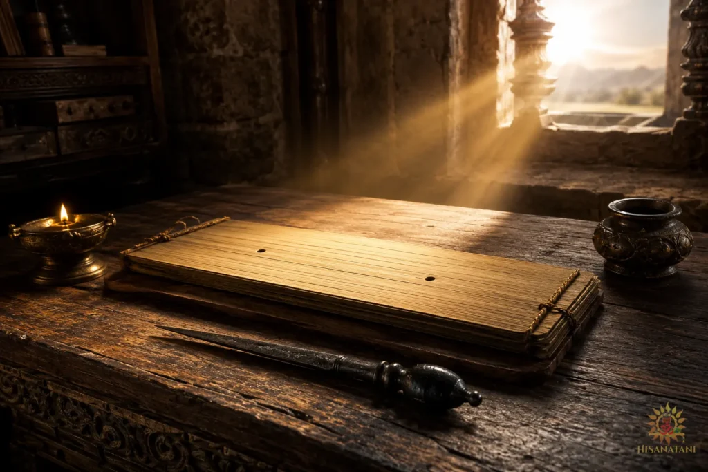 A palm-leaf manuscript and stylus illuminated by early dawn light, showcasing the practical choice of Bhagavad Gita 1.36 Summary .