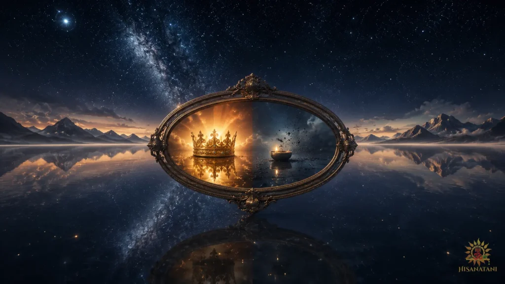 Floating cosmic mirror reflects crown and fading inner light, Bhagavad Gita 1.36 Summary , clean karma, right action.