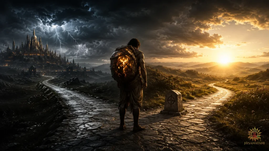 Traveler at crossroads carrying moral burden beneath storm clouds, Bhagavad Gita 1.36 Summary , workplace ethics, moral decision making.