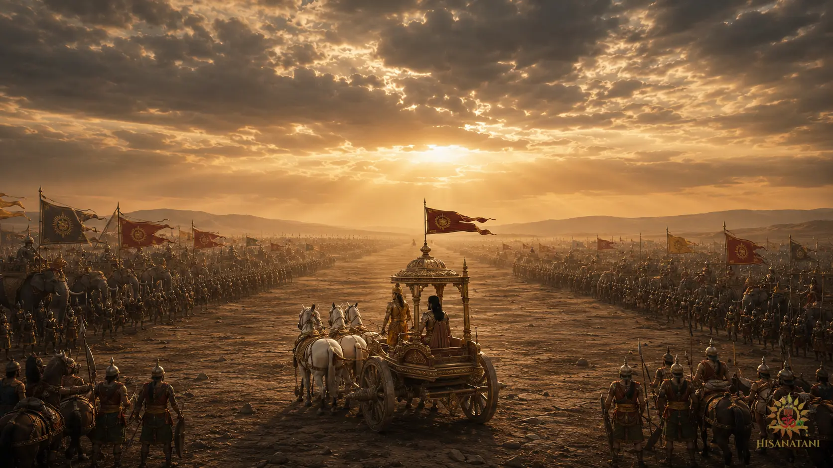 Ancient armies face each other at dawn as Arjuna's chariot pauses between them, reflecting corporate dharma and ethical leadership in Bhagavad Gita 1.37 Summary.