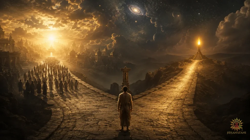 Two roads split beneath a cosmic sky, one chasing illusion and one lit by truth, illustrating right action over success in Bhagavad Gita 1.37 Summary.