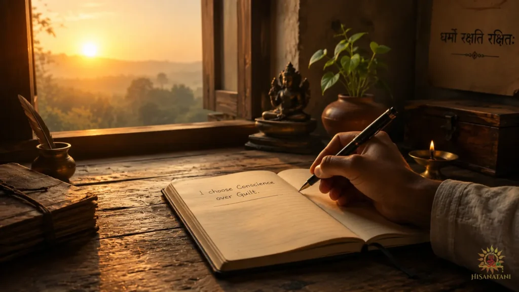 A hand writes a clear boundary in a journal beside a sunrise window, reflecting right action over success in Bhagavad Gita 1.37 Summary.