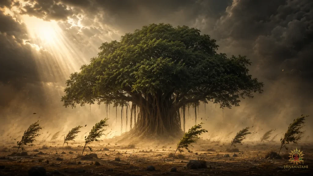 An ancient banyan tree stands rooted through a violent dust storm, reflecting value-driven leadership and conscience over conformity in Bhagavad Gita 1.37 Summary.