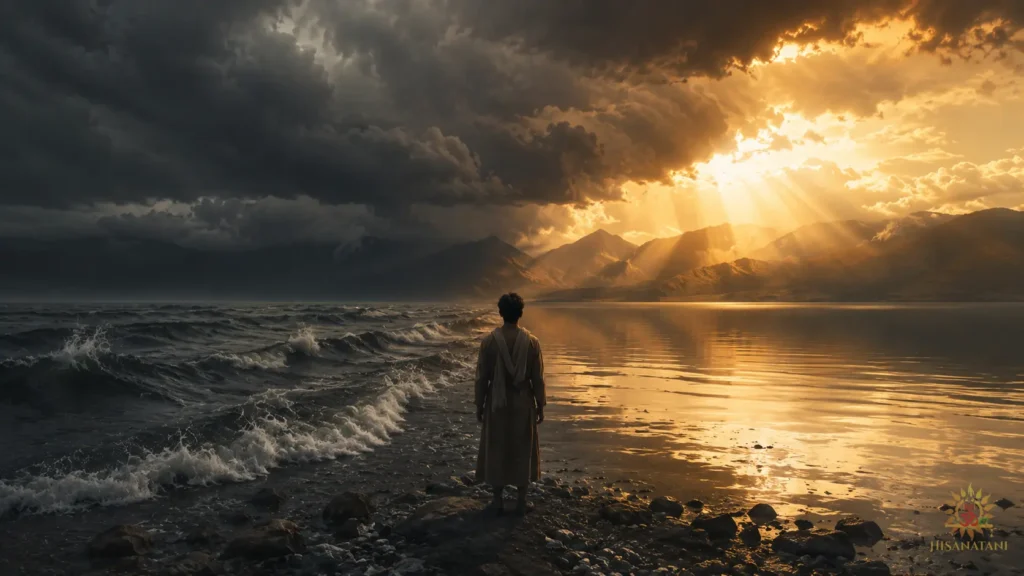 A lone figure stands beside a divided lake as storm clouds part into golden light, capturing toxic workplace culture and inner conflict in Bhagavad Gita 1.37 Summary.