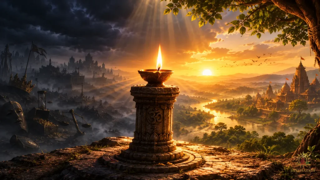 A radiant oil lamp glows atop a stone pillar as darkness retreats, reflecting dharma and decision making in Bhagavad Gita 1.37 Summary.