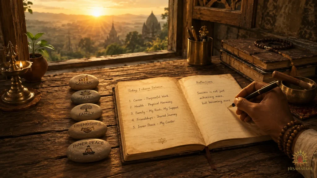 Journal and balanced stones used for self-reflection, Bhagavad Gita 1.38 Summary, Ancient Wisdom for Modern Life, Bhagavad Gita Life Lessons.