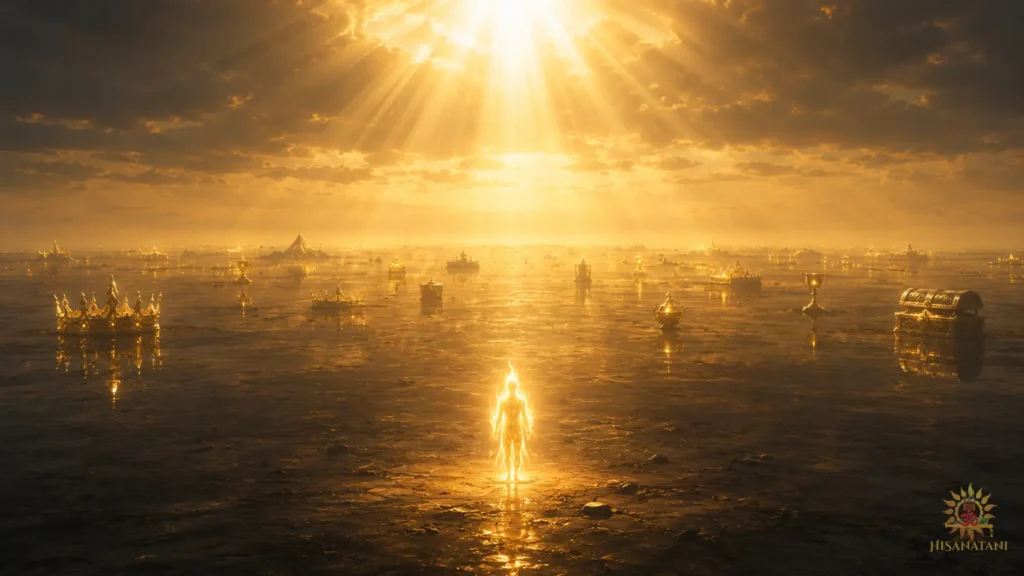 Soul flame before an endless golden horizon, Bhagavad Gita 1.38 Summary, Spiritual Meaning of Greed, Dharma vs Desire.