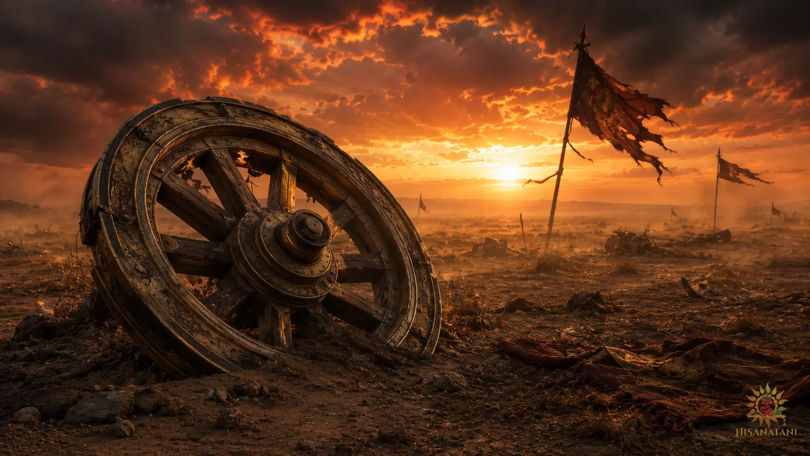 Bhagavad Gita 1.38 Summary depicting a chariot wheel on Kurukshetra's field, capturing a pivotal Bhagavad Gita Chapter 1 lesson on long-term cost.