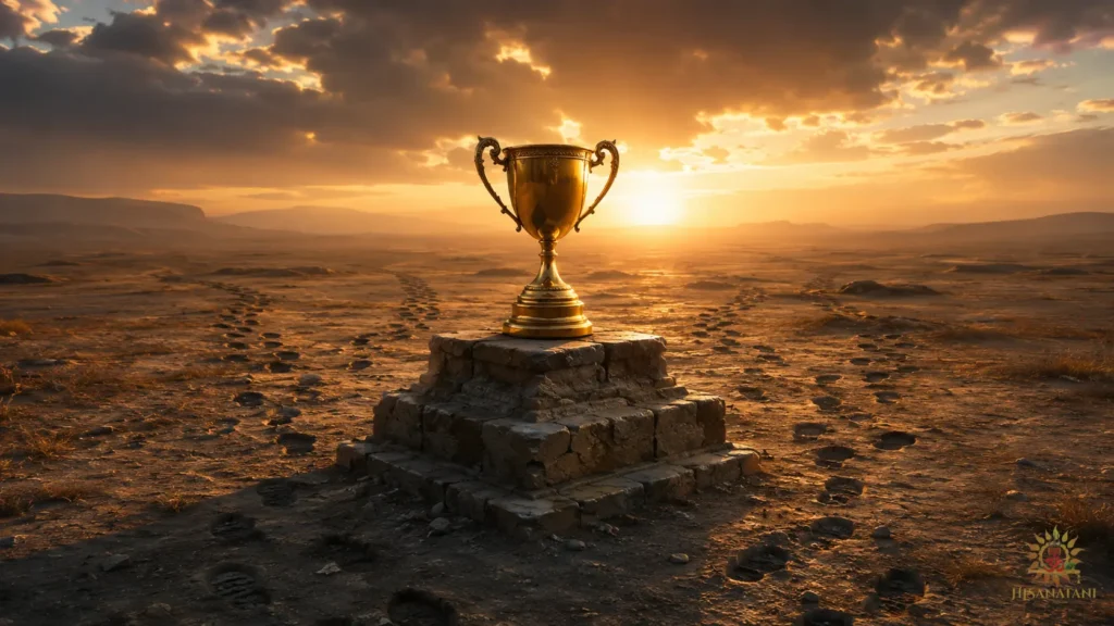 A lonely trophy surrounded by departing footprints, Bhagavad Gita 1.38 Summary, Greed and Relationships, Bhagavad Gita Life Lessons.