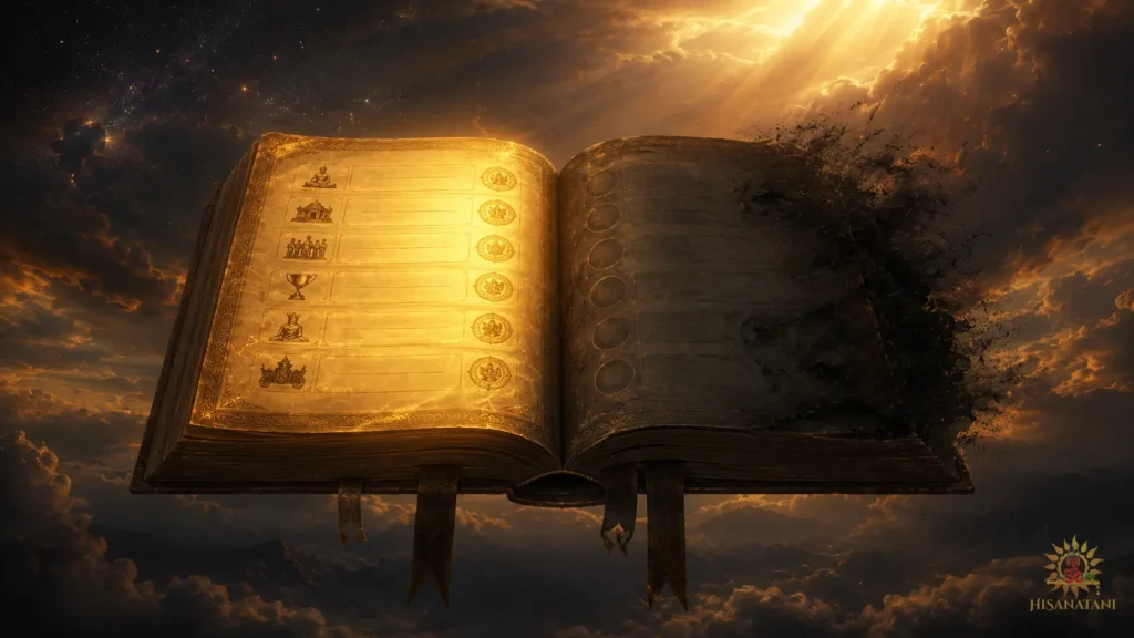 Cosmic ledger showing gains but hidden costs, Bhagavad Gita 1.38 Summary, Spiritual Meaning of Greed, Ancient Wisdom for Modern Life.