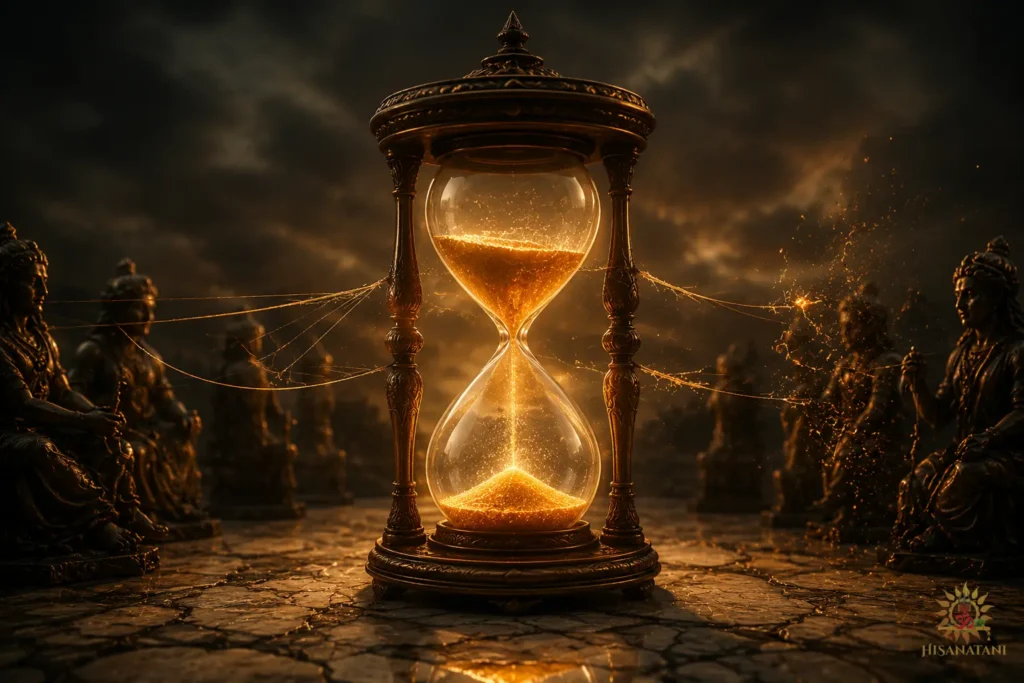 Bhagavad Gita 1.38 Summary displaying an ancient bronze hourglass with slipping sand, highlighting Bhagavad Gita relationships and success trade-offs.