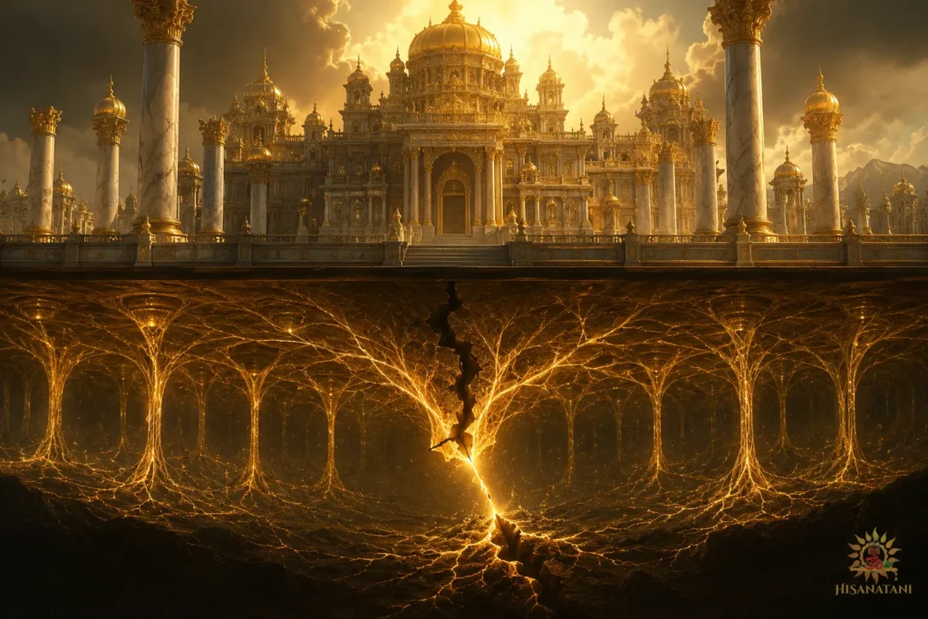 A golden citadel rests on glowing roots of Dharma with one severed thread cracking beneath it, for Bhagavad Gita 1.39 Summary and ethical collapse moral values.