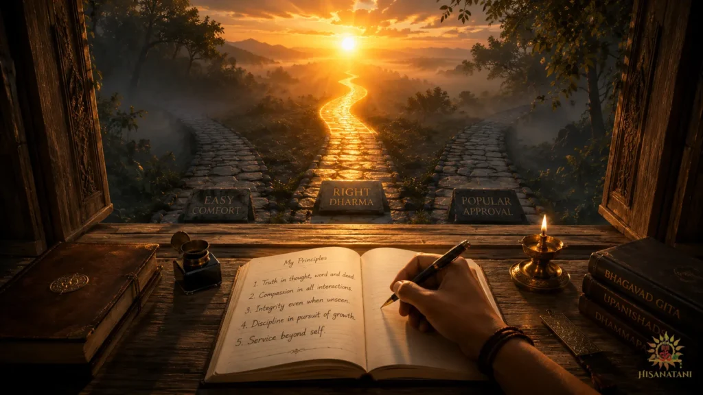 A hand writes personal principles in a journal beside a window showing three paths, depicting Bhagavad Gita 1.39 Summary and character over success.