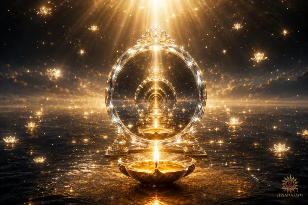 A crystal mirror floats above a dark cosmic ocean beside a glowing diya, illustrating Bhagavad Gita 1.39 Summary and dharma and integrity of the pure mind.
