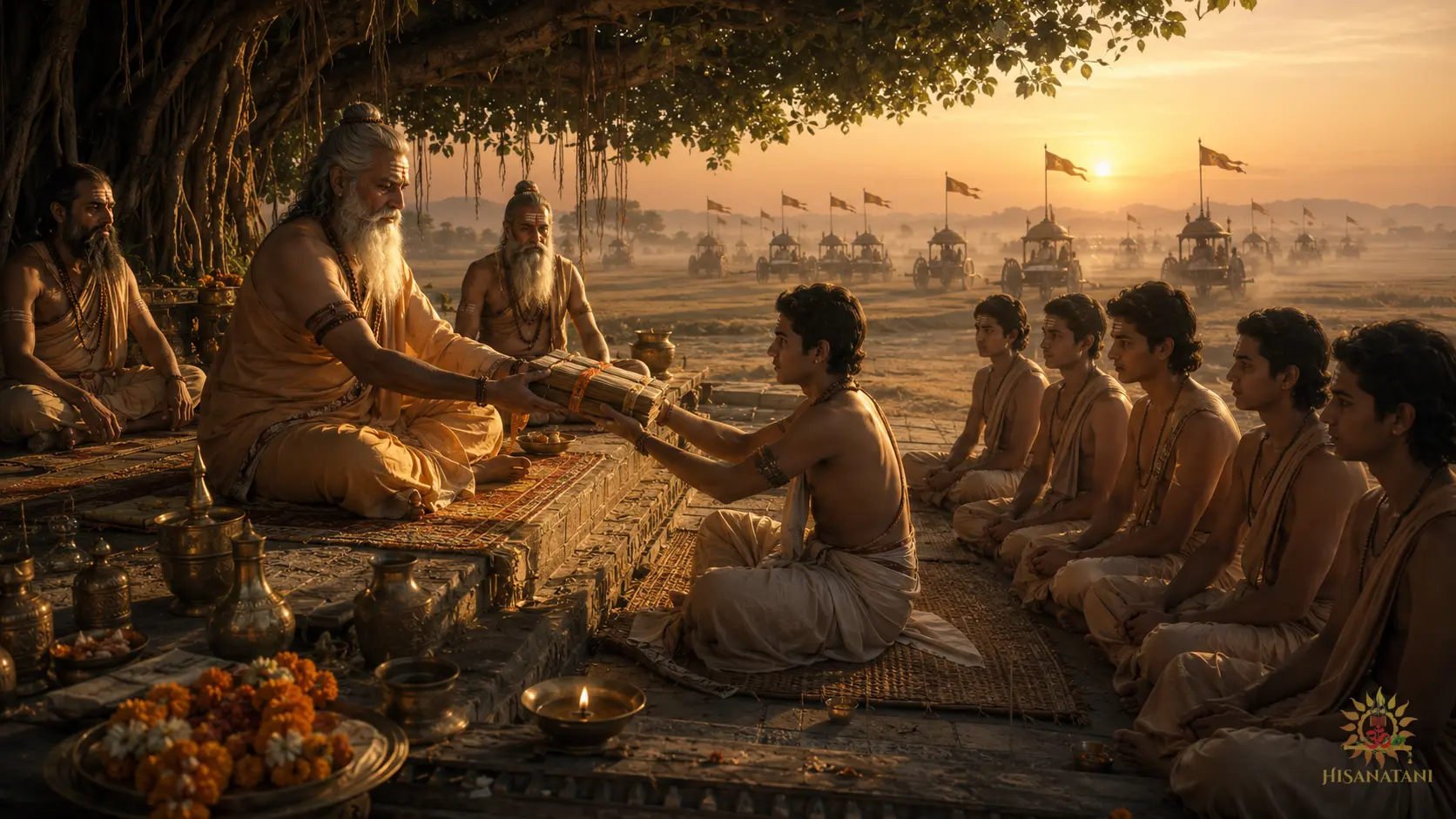Vedic gurus pass sacred palm-leaf manuscripts to young scholars beneath a banyan tree, illustrating Bhagavad Gita 1.39 Summary and destruction of dharma and family traditions.