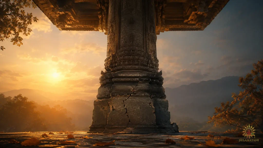A temple pillar shows the first hidden cracks of neglect, an image for Bhagavad Gita 1.39 Summary on character over success and moral responsibility.