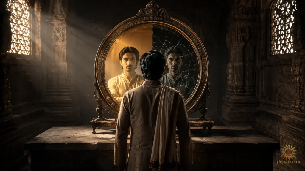 A figure faces a fractured bronze mirror in a stone hall, portraying Bhagavad Gita 1.39 Summary and workplace ethics amid moral responsibility.