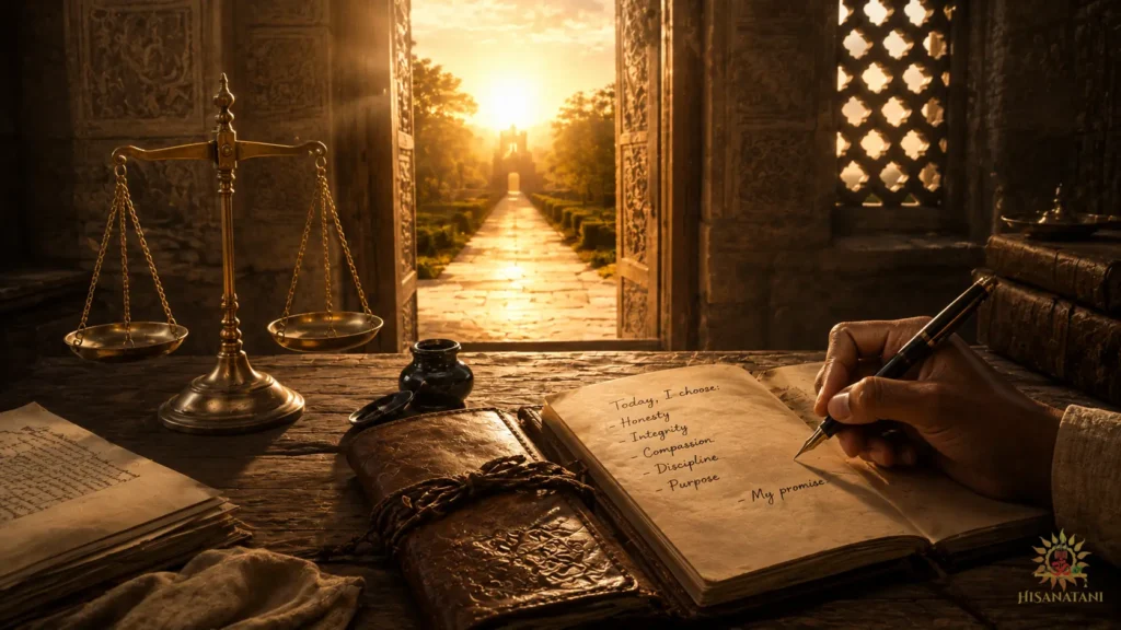 Hand writing an honest promise beside balanced scales, Bhagavad Gita 1.40 Summary, Workplace Ethics, Moral Leadership.