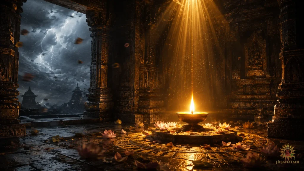 Steady temple lamp protected from a storm, Bhagavad Gita 1.40 Summary, Bhagavad Gita 1.40 Meaning, Dharma.