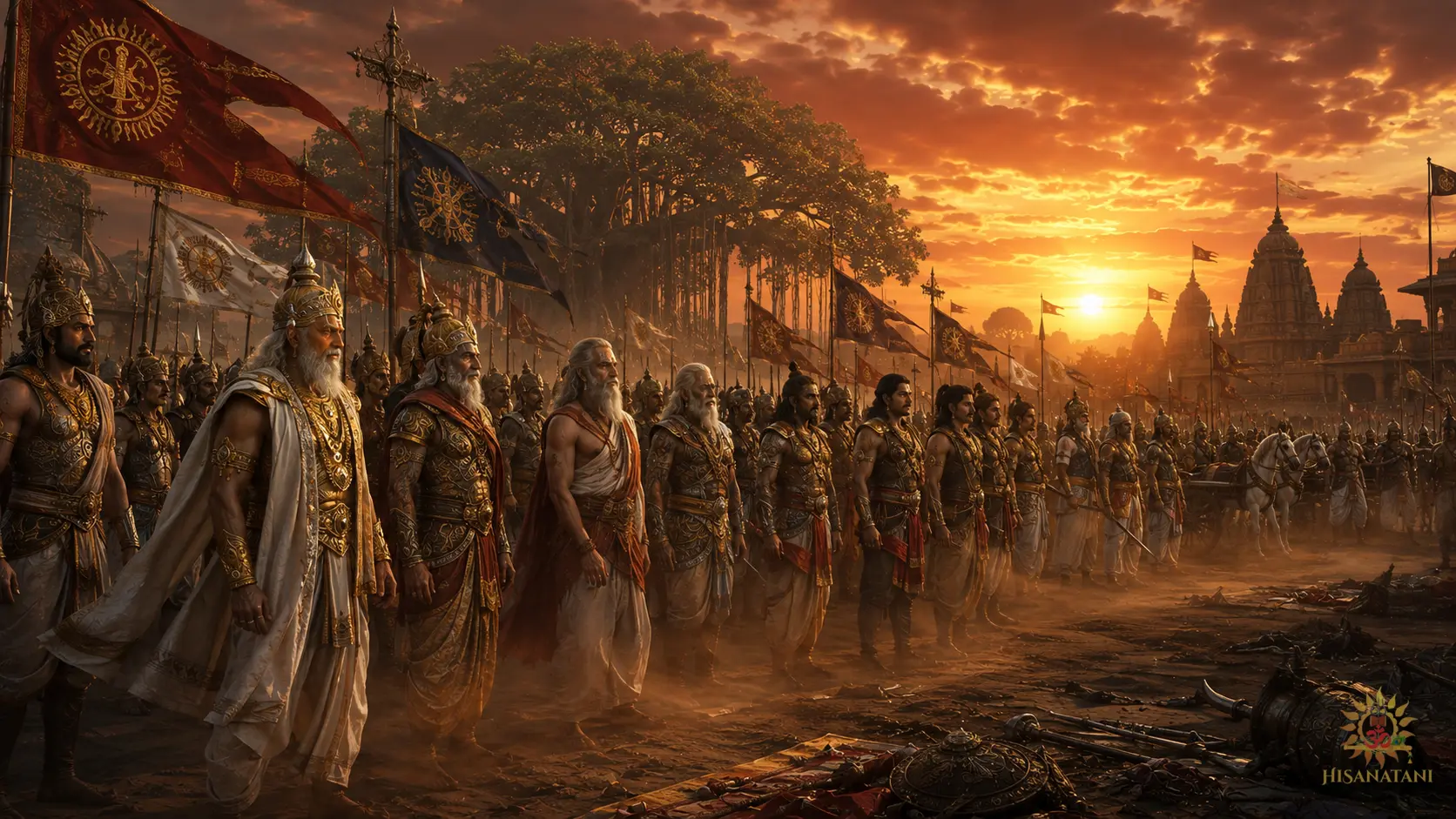 Kurukshetra elders standing before battle beneath family banners, Bhagavad Gita 1.40 Summary, Family Values, Bhagavad Gita Chapter 1 Verse 40.