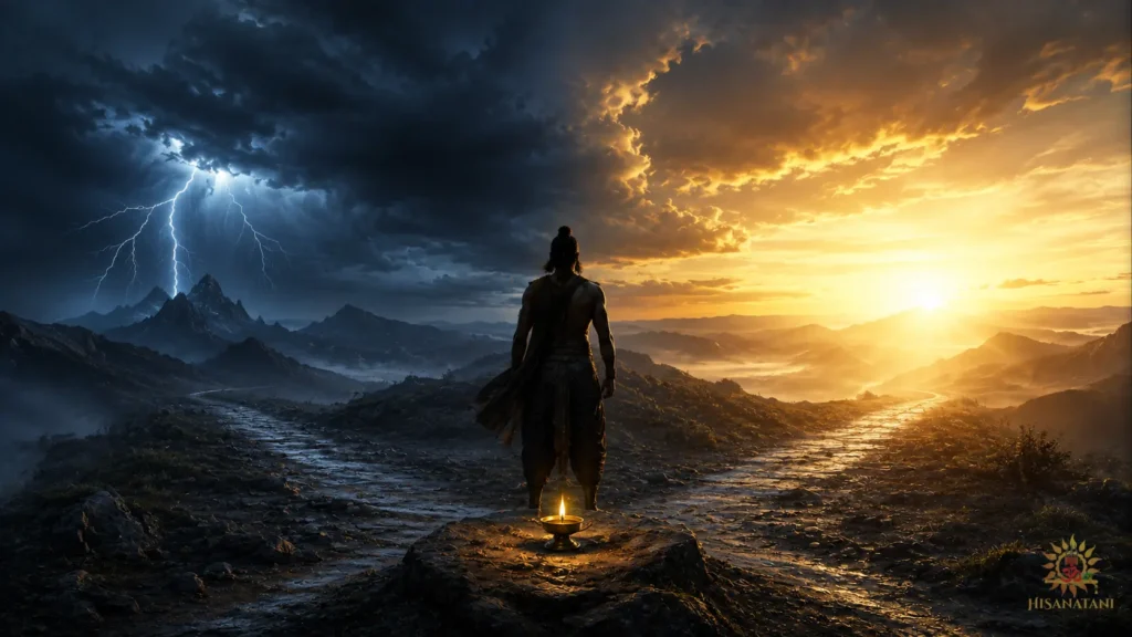 Silhouette at a mountain crossroads between storm clouds and golden sunrise, explaining Bhagavad Gita 1.40 Summary and spiritual meaning of values erosion.