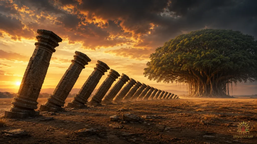 Row of ancient stone pillars leaning in a domino chain reaction, highlighting Bhagavad Gita 1.40 Summary and the decay of traditions.
