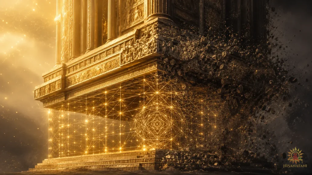 Glowing geometric lattice underlying an ancient stone arch, representing Bhagavad Gita 1.40 Summary and dharma ethics workplace.