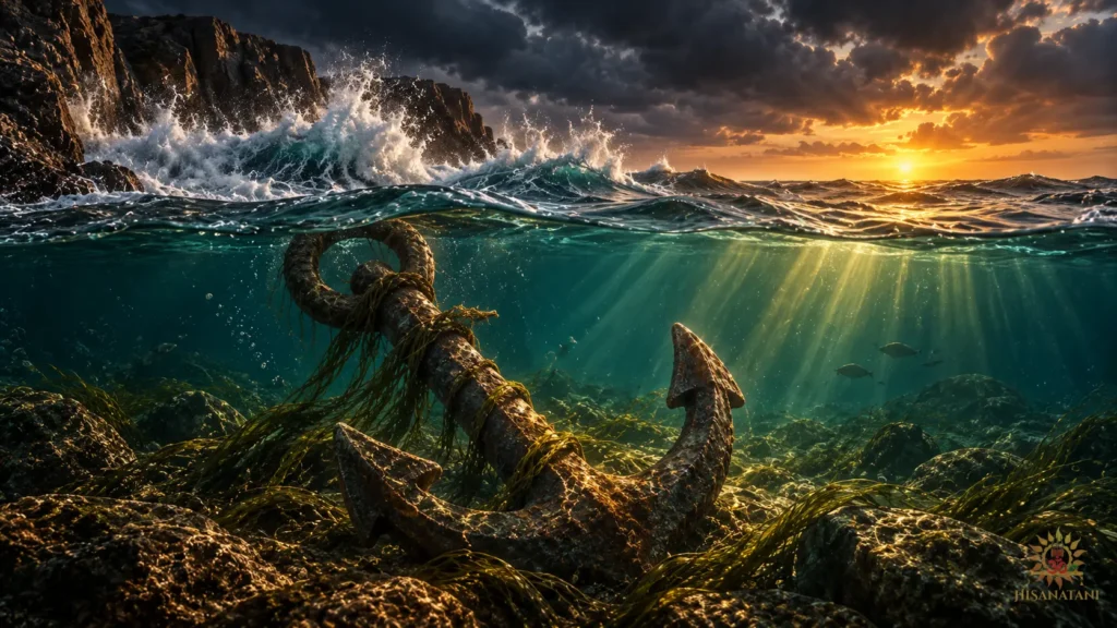 An ancient anchor resting firm beneath stormy seas, Bhagavad Gita 1.41 Summary, showing inner steadiness beyond life's uncertainty.