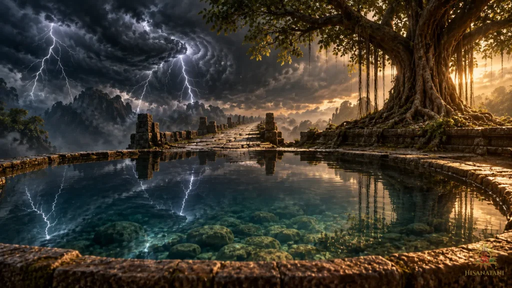 A stone path beside a still reflecting pool beneath storm clouds, Bhagavad Gita 1.41 Summary, contrasting a restless mind with calm reality.