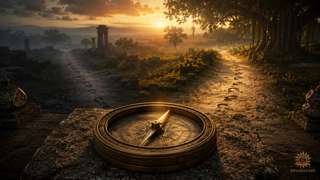 An ancient bronze compass pointing toward a bright path at sunrise, Bhagavad Gita 1.41 Summary, showing dharma through steady direction.