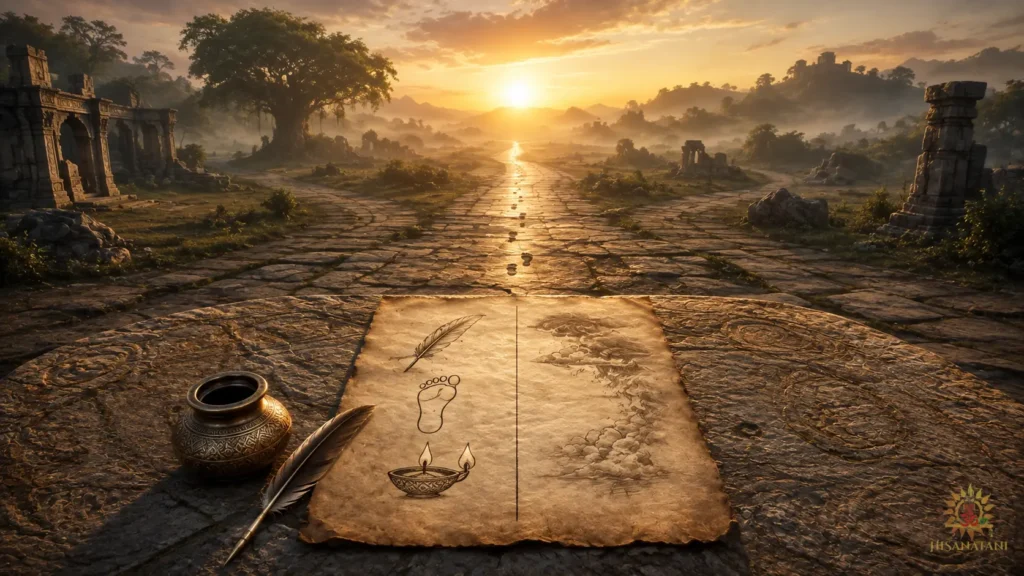 An ancient crossroads with a parchment, quill, and a path leading toward sunrise, Bhagavad Gita 1.41 Summary, on decision paralysis.
