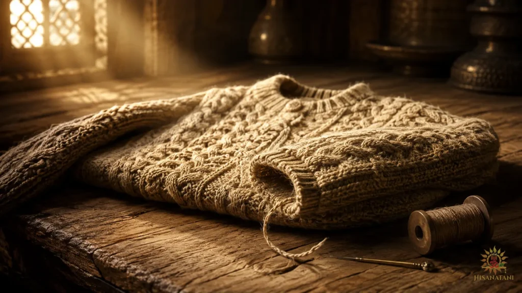 A hand-knitted sweater with one loose thread beside a sewing needle, Bhagavad Gita 1.41 Summary, showing calm repair over panic.