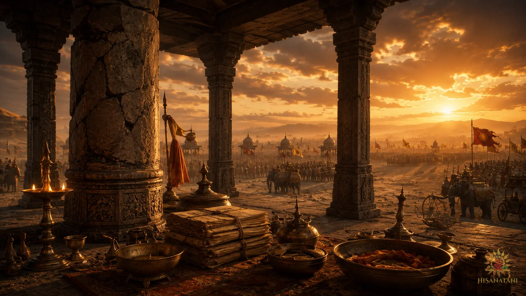 An ancient temple with one cracked pillar overlooking Kurukshetra, Bhagavad Gita 1.41 Summary, symbolizing fragile social foundations.