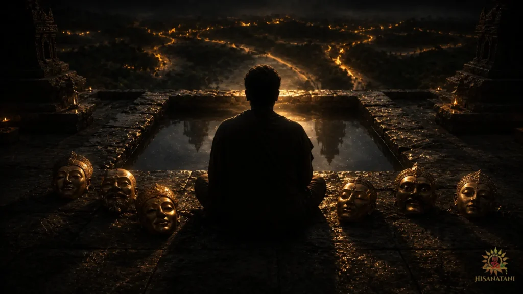 Unmasked figure faces still water amid bronze masks in this Bhagavad Gita 1.42 Summary scene about identity.