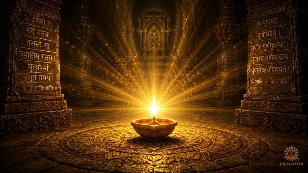 A single clay diya shining softly in a dark stone temple showcasing Bhagavad Gita 1.42 Summary and ancestral rituals and moral responsibility.