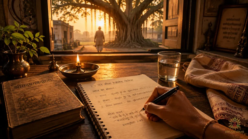 Hand writes beside a diya and Gita, reflecting Bhagavad Gita 1.42 Summary and Bhagavad Gita meaning.