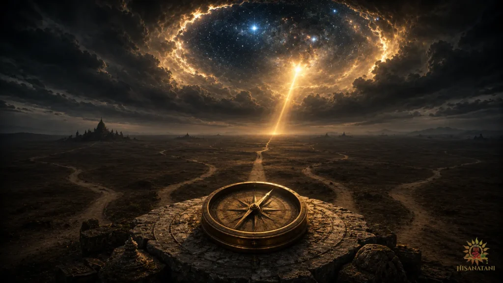 Ancient compass beneath cosmic light portrays Bhagavad Gita 1.42 Summary meaning and spiritual meaning.