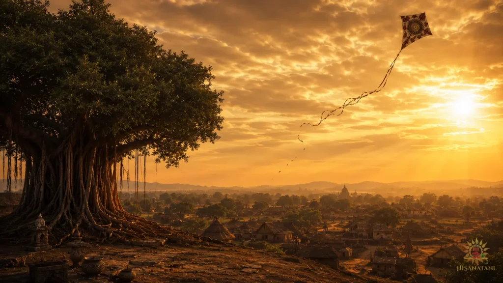 Broken kite drifting from a rooted tree reflects Bhagavad Gita 1.42 Summary meaning and family traditions.