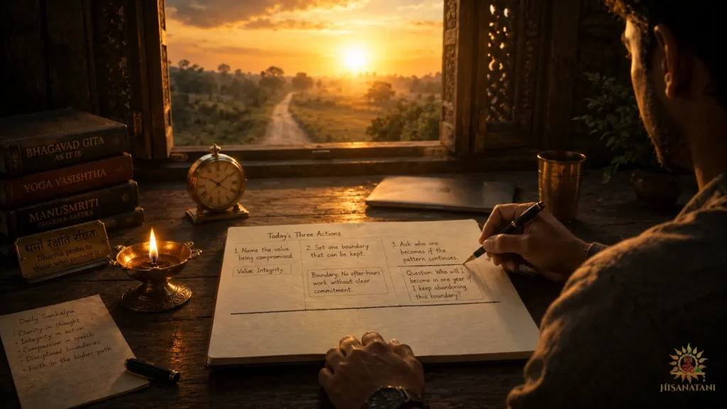A hand drawing one boundary line in a notebook beside a glowing diya, part of a Bhagavad Gita 1.43 Summary take on eternal family duties Bhagavad Gita.