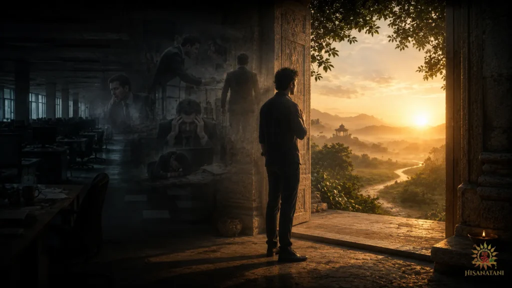 A figure standing between a shadowed office and open dawn light in a Bhagavad Gita 1.43 Summary scene on Bhagavad Gita toxic workplace ethics.